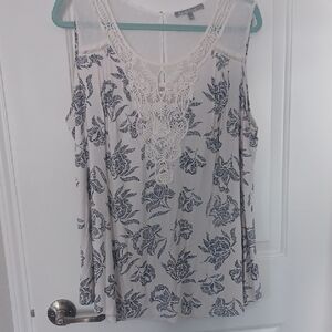 White Top with Black Floral Print and Crochet Lace